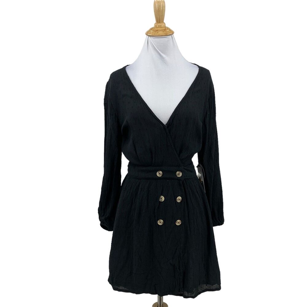 Amuse Society Faux Wrap Lined Dress Womens S Small Black Swiss Dot Long Sleeve